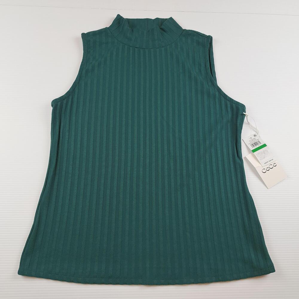 CeCe Tank Top Womens Large Dark Forest Green Autumn Hues Ribbed Mock Neck Knit
